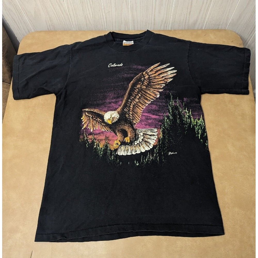 VTG Eagle T-Shirt Size L Bald Eagle Colorado Bright colors front and back